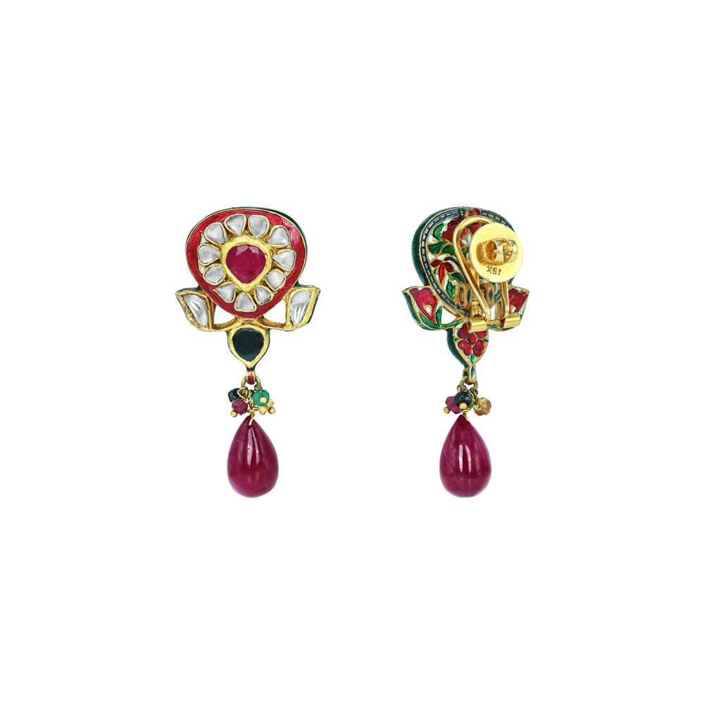 Polki Stud Earrings with Ruby, Red Enamel, and Drop Design